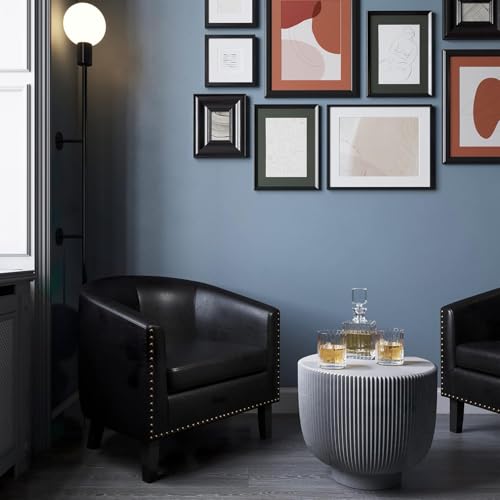 Image of BELLEZE Accent Barrel Chair Set of 2, Modern Faux Leather Tub Club Chair Upholstered Armchair with Gold Nail Head Trim and Black Legs for Living Room Bedroom Apartment Lounge - Black