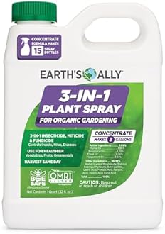 Earth's Ally 3-in-1 Plant Spray 32 Oz Concentrate for Pests and Disease - Organic Insecticide, Fungicide, Miticide - OMRI Listed for Indoor Houseplants and Outdoor Garden - Safe for Bees, Kids, Pets