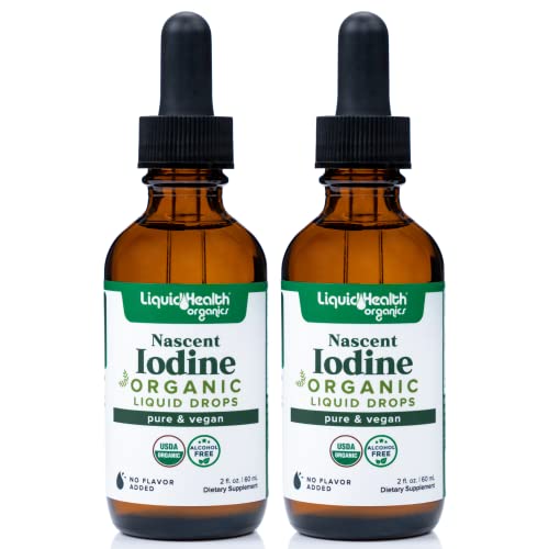 LIQUIDHEALTH USDA Organic Nascent Iodine Liquid Drops Pure Iodine Supplement for Thyroid & Immune Support Energy Supplement - Made in USA Vegan Colorless Tasteless Tincture (2 Pack)
