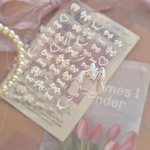 Image of Bow Nail Stickers Polka Dot Bow Nail Decals with Pearl Design 5D Embossed Self Adhesive DIY Manicure Charms Supply Decoration for Women