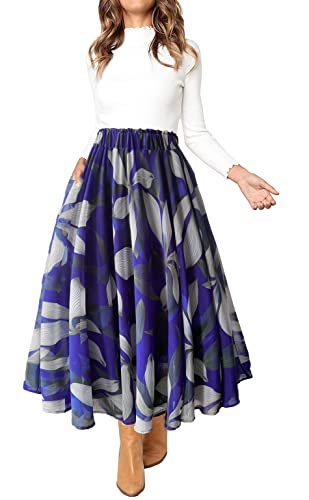 Sinono Women Elastic High Waist A Line Floral Print Swing Chiffon Beach Midi Long Skirt with Pockets(Medium, Royal Blue)3