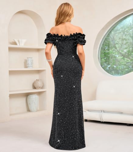 Image of dasmzper Women Sexy Sequin Off Shoulder Ruffle Short Sleeve Bodycon Mermaid Party Formal Evening Maxi Dress