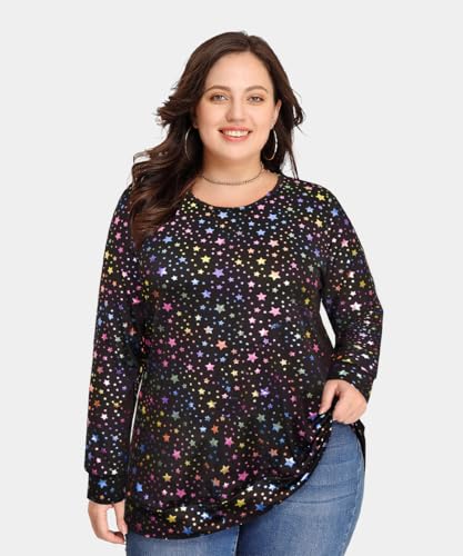 Image of CARCOS Plus Size Tops for Women Color Block Flower /Striped /Camo Crew Neck Long Sleeve Tee Shirt