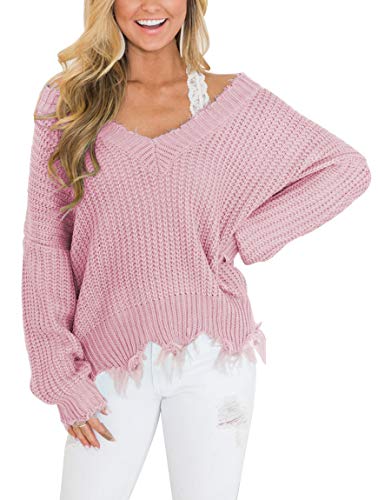Leani Women's Loose Knitted Sweater Long Sleeve V-Neck Ripped Pullover Sweaters Crop Top Knit Jumper A-Pink #TOP16