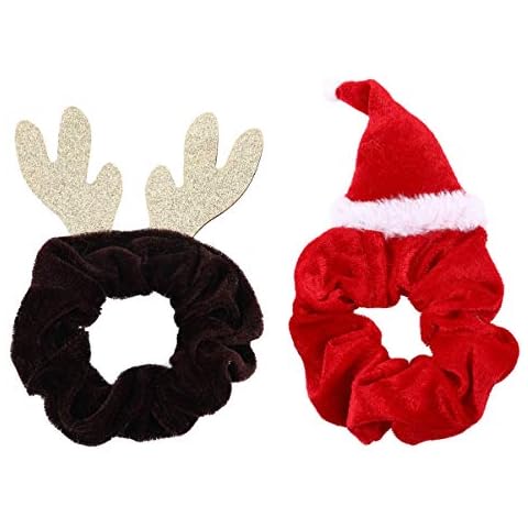 PRETYZOOM 2Pcs Weihnachtshaarseile Flanell Santa Hut Elchhorn Elastisches Haar Haargummis Weihnachten Pferdeschwanzhalter Cover