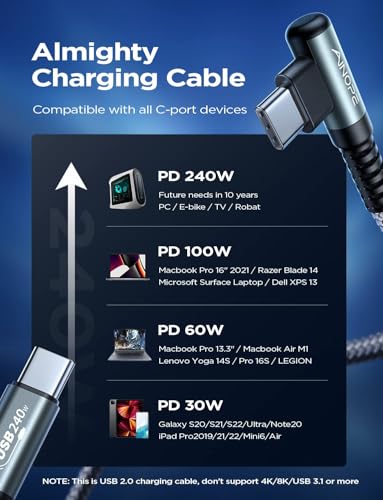 Image of AINOPE 240W USB C to USB C Cable (6.6ft 2Pack Chubby USB C) USB C to USB C Fast Charging Cable, Right Angle USB C Charger Cable for iPhone16 Charger Cord, MacBook Pro, iPad, Samsung Galaxy S25