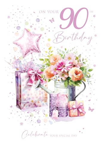 Cherry Orchard 90th Birthday Card for her, Luxury Milestone Birthday card From, Finished with a Beautiful pink foil Border
