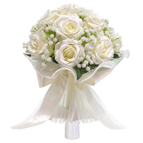 LYGIV 16 Ivory White Artificial Roses Wedding Bouquet for Bride Handmade with Pearl Veil Babys Breath Eucalyptus 9 Bridal Bouquet for Bridesmaid Valentines Day