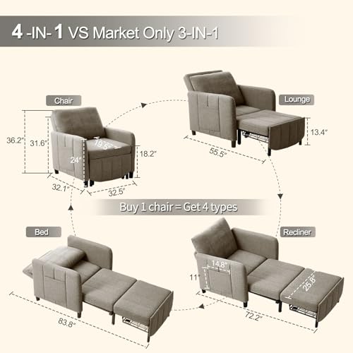 Sleeper Chair, 84" Extra Long Convertible Chair Bed, Upgraded 3-in-1 to 4-in-1 Pull Out Chair & Single Sofa Bed for Adult, Sleeping Chair for Living Room, Small Space (Light Grey)