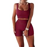 Young Forever Damen Workout Set 2 Teile Trainingsanzug Fitness Yoga Set Kurz Ribbed Stretchy Sportanzug Crop Top und Leggings Shorts mit Hoher Taille Yoga Outfits (A-Weinrot, S)