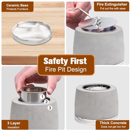 ASTM Certified Concrete Tabletop Fire Pit - Portable Smokeless Rubbing Alcohol Fireplace for Indoor & Outdoor Use, Long-Lasting & Odorless - Housewarming Gift with Extinguisher, White