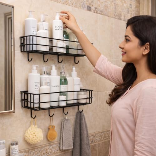 Image of DecorTwist Bathroom Organiser Without Drill | Self Adhesive Wall Shelf Rack | Rustproof Metal | Shampoo Holder for Bathroom | Wall Mounted Storage with Hooks | Kitchen Laundry | 28 cm (Pack of 2)