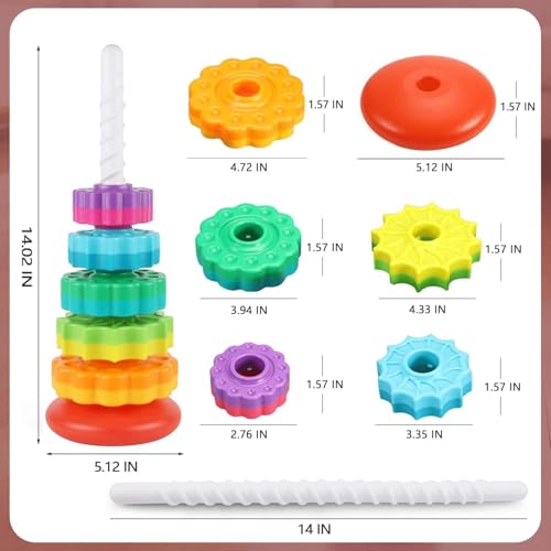 Image of PLUSPOINT Baby Spinning Stacking Toys for Toddlers 1-3, Rainbow Ring Stacker Montessori Toys for Babies 6-12 Months, Sensory Learning Stacking Toy Gift for Boys Girls