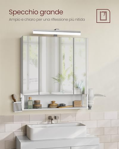 VASAGLE Mobile da Bagno con Illuminazione LED, 16,5 x 70 x 75 cm, Cestino Sospeso, Supporto per Asciugacapelli, per Lavabo, Bianco Nuvola BBK126W01 - Immagine 3