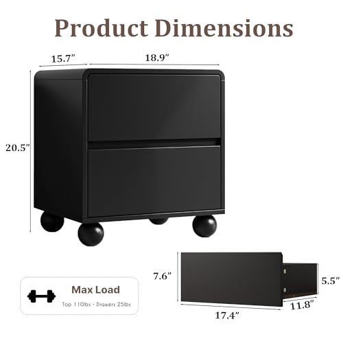 Image of MAISONARIA Curved Nightstand Set of 2, Modern Nightstand with 2 Large Storage Drawers, Wooden Endside Table for Bedroom, Black