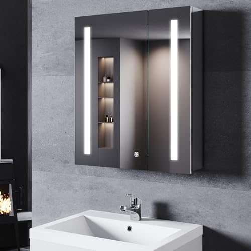 SONNI LED spegelskåp badrum och uttag 70 x 60 cm, 2 dörrar rostfritt stål spegelskåp med touch-brytare, 3 justerbara ljusfärger, trådlös gångjärnsdesign badrum medicinskåp