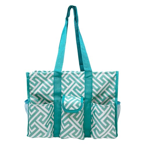Lucazzi Utility Tote Bag with Zipper Top - Large Multipurpose Organizer Bag for Teachers, Nurses, Work, Students, Knitting, Crafts - Tote Organizer with Multi-Compartment Pockets - Geo Teal