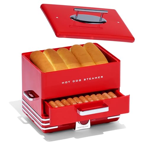 Nostalgia Extra Large Diner-Style Steamer Cooks 20 Hot Dogs & 6 Buns- Hot Dog Steamer for Breakfast Sausages, Brats, Vegetables & Fish- Bun Warmer Steamer Perfect for Game Days or Parties- Red by Nostalgia - Used condition - US$34.39