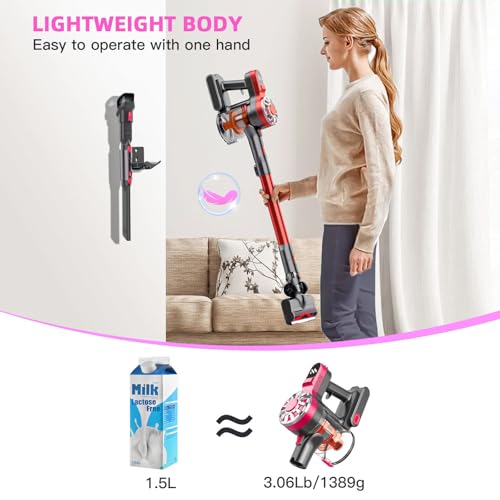 Cordless Vacuum Cleaner,Vacuum Cleaners for Home with Super Suction,Stick Vacuum Cleaner Rechargeable Up to 35 Mins Runtime,Lightweight Hardwood Floor Vacuum for Pet Hair,Carpet(Red)