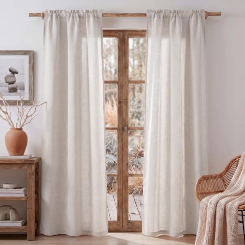 PONY DANCE Cortinas de Puerta Largas de Lino Separador, Visillos Semi Opacos con Bolsillos de Barra 2 Piezas para Ventanas/Gabinete,60x240cm(AnxAl),Beige Claro