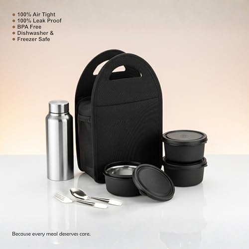 Image of NARIYA Lunchbox Set with 3 Leak-Proof Container, 1 Steel Bottle and Steel Spoon Set for Office and School (Black)