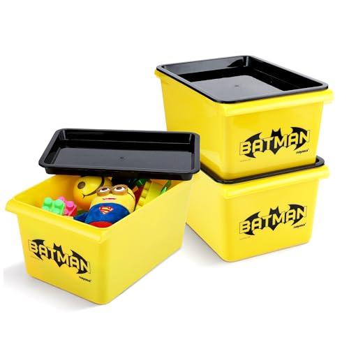Image of Nayasa Stack N Store Batman, Small, 5 ltrs | DC Superhero Print Plastic Storage Boxes Set of 3 with Lid | Side Handles | Stackable Multipurpose Organizers | Strong & Durable | Yellow