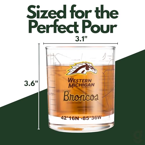 Image of Greenline Goods Western Michigan University Broncos Whiskey Glasses Set of 2, 10 oz Rocks Glasses with Full-Color Logo & Campus Map - Officially Licensed Bourbon Glass Gift for Alumni & Fans