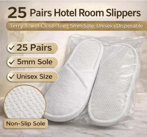 Sevenhills Toiletries 25 Pairs Hotel Guest Room Slippers β Terry Towel Close-Toe, 5MM Sole, Free Size (Unisex, White) | Disposable Hotel Accessories & Travel Kit Essentials 1