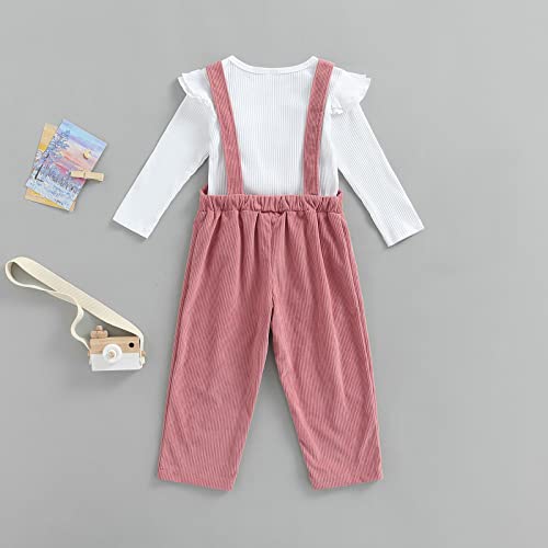 Brilliantme Toddler Baby Girl Fall Clothes 2Pcs Outfit Kids Ruffle Long Sleeve Ribbed Tops T-Shirt Suspender Pockets Pants Overalls (Pink, 1-2 Years) #TOP2