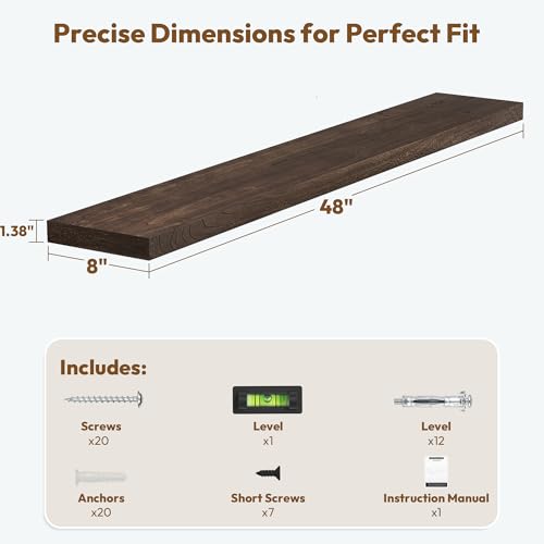 Image of Vivelove Elm Wood Floating Shelf 48x8 inch Set of 1, Dark Walnut