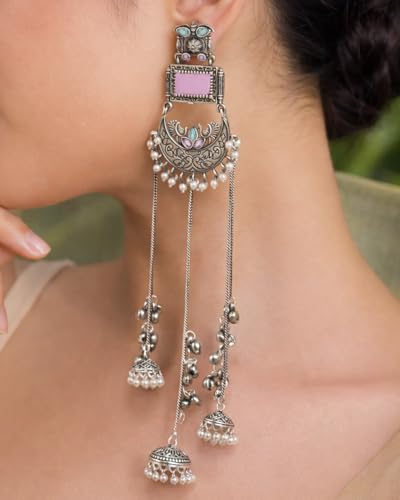 Image of Kashmiri Earrings for Women |Square Stone Fan Chain Earring | Ethnic Oxidised Silver Long Chain for Girls Bridal Festive |Gift for Girls Women