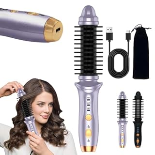 Cordless Hot Brush for Short Hair - Heated Round Curler & Thermal Curling Iron for Women, USB Mini Hair Straightener Portable Curling Brushes, Curly Straight Hair Travel Heat Styling（Purple）