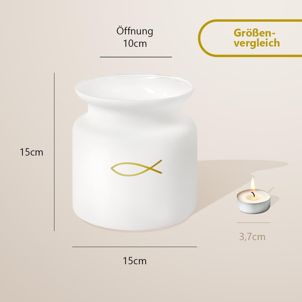 6X große Glasvase mit Fisch, Weiss matt - Kommunion & Taufe Deko | Tischvasen Set für Konfirmation, Firmung und Tischdekoration - festliche Vase für Feier, Kirche und Familienfest