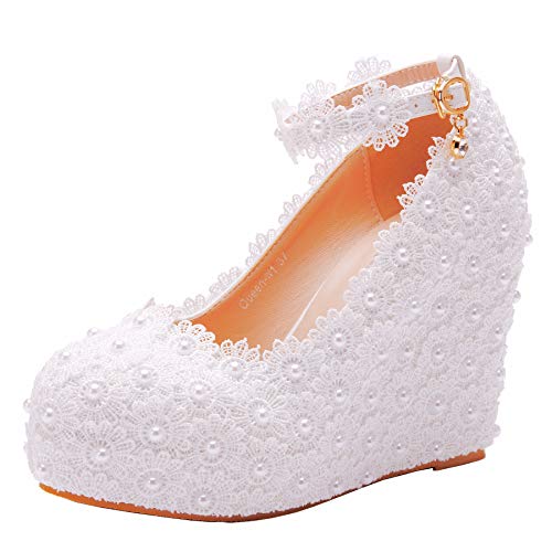 White Lace Wedding Shoes Wedges Heels Platform Wedges Shoes Round Toe Wedges Pumps Bridal Shoes