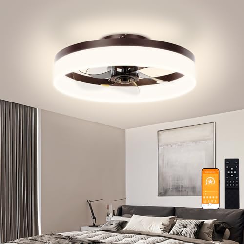 Image of VOLISUN Low Profile Ceiling Fans with Lights and Remote,15.7in Modern Ceiling Fan Flush Mount, 3000K-6500K Dimmable Bladeless LED Fan Light,Brown Fandelier Ceiling Fans with Lights for Bedroom