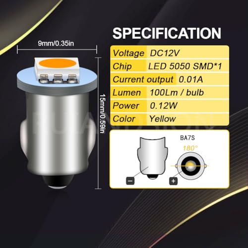 Ruiandsion 12V BA7S Bombillas LED Amarillas para Tablero Pack 10 miniatura 2