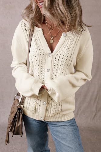 Women's Apricot Pleated Sleeve Hollow Detail Button Sweater Cardigan4