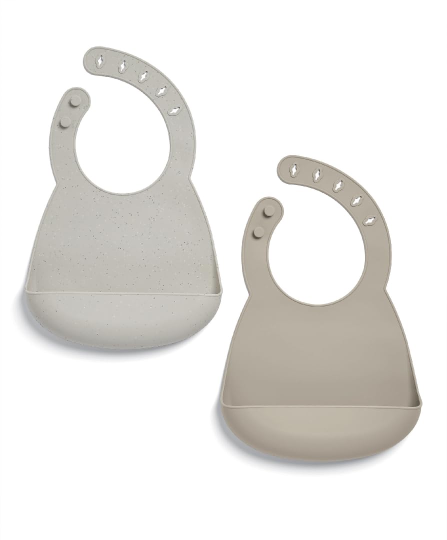 Mamas & Papas 2-Pack Waterproof Silicone Baby Bibs, Adjustable BPA-Free Feeding Bibs with Large Pocket for Food Catching, Ideal for Weaning for 6-18 Months - Neutral Speckle