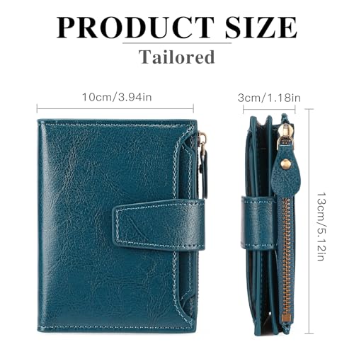 Image of GOIACII Leather Women's Wallet RFID Blocking Credit Card Holder Teal | Compact, Small, Trifold Billfold with Zipper Coin Pocket, 4 ID Windows