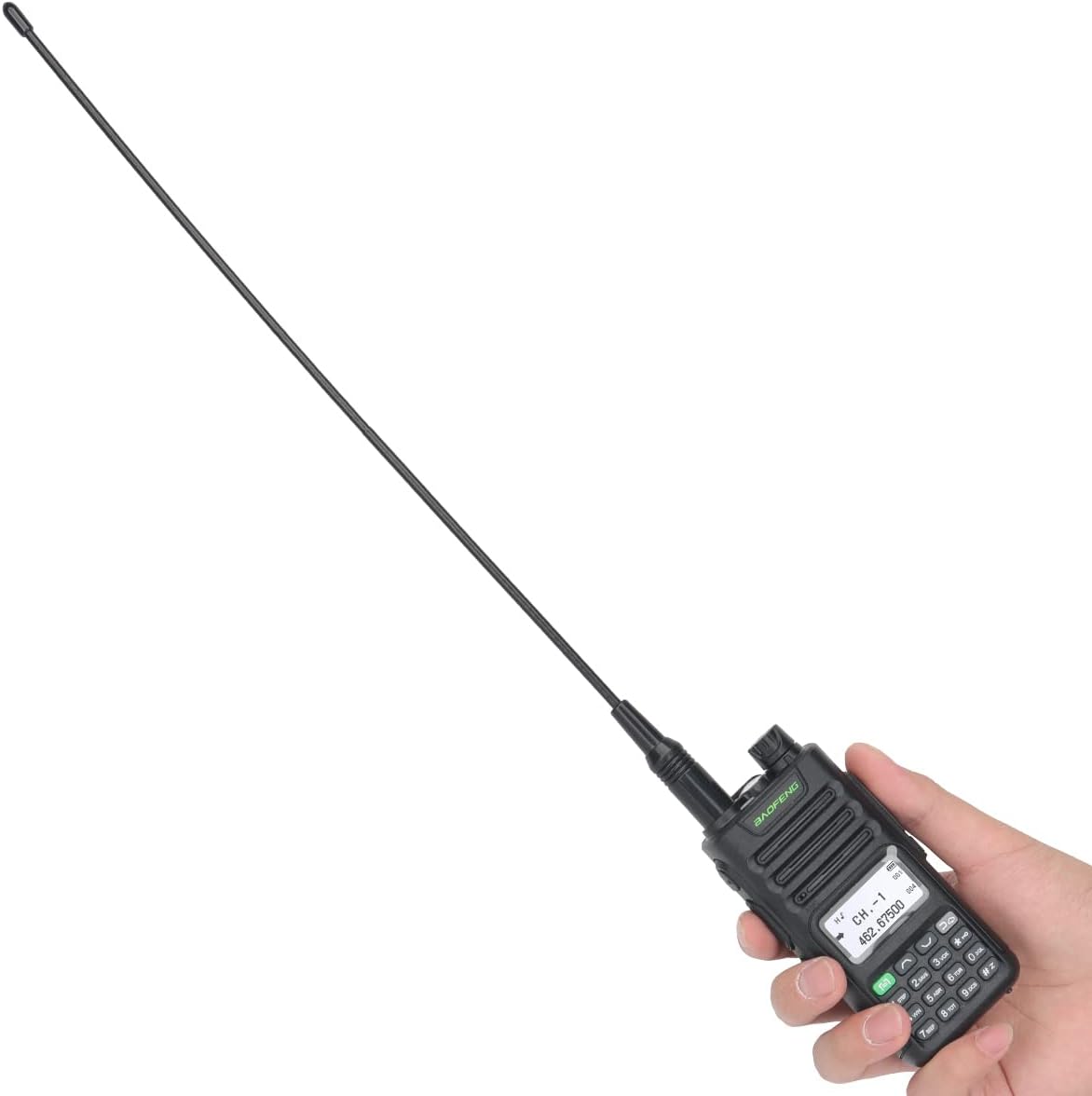 ABBREE AR-771C GMRS Antenna fully extended on a radio
