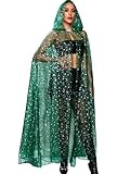 Kaei&Shi Star Tulle Cape,Long Sheer Hooded Cloak Gothic Witch Costume,Celestial Dress For Women Halloween Wedding Green 4'3'' Modest Train