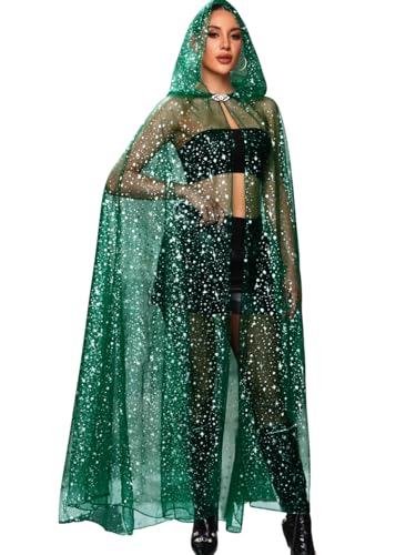Kaei&Shi Star Tulle Cape Long Sheer Hooded Cloak Gothic Witch Costume Celestial Dress For Women Halloween Wedding Green 43 Modest Train