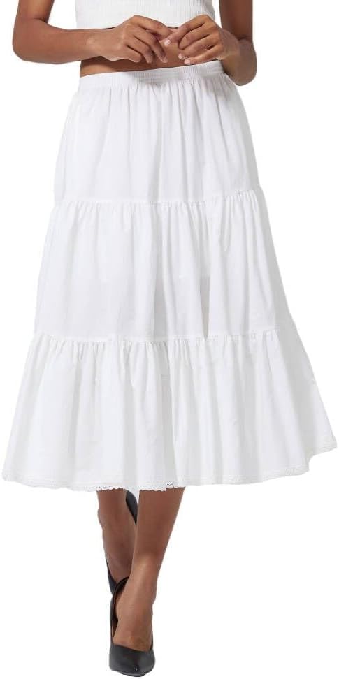 100% Cotton Women Midi Skirt with Pockets Elastic High Waist A Line Lace Tiered Renaissance Skirt - Image 2