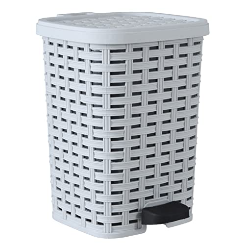 Image of Superio Small Outdoor Trash Can with Lid for Dog Poop 3 Gallon /12 L Mini Plastic Garbage Can with Foot Pedal for Bathroom, Bedroom, Office, Patio, Wicker Smoke