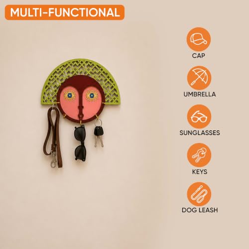 Image of AAKRITI ART CREATIONS Key Holder, Isabella Tiki Mask Key Hanger | Rustic Wooden Wall Organizer with 5 Hooks | New Home Gifts | Multifunctional Entryway Decor Item