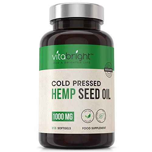 1000mg Softgel Hemp Oil Capsules Supplement - 7 Months Supply - 210 Easy to Swallow - GMO, Wheat, Gluten & Lactose Free - 100% Pure Cold Pressed Hemp Oil - Made in The UK
