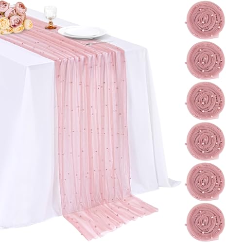 LuoluoHouse Dusty Pink Pearl Table Runner: Tulle 10ft Pearl Tulle Fabric Centerpieces Wedding Lace Tablecover Arch for Bridal Shower Veil Baby Shower Sweetheart Birthday Table Decorations