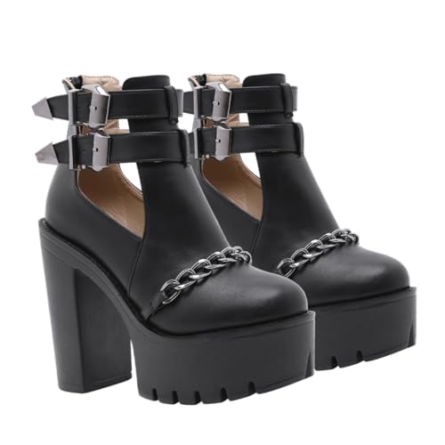 Bottes à talons hauts épais en PU de qualité avec détails rivets et chaîne mode