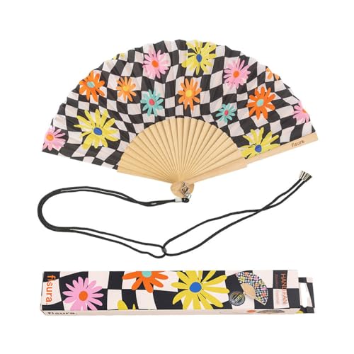 Fisura – Abanico original con estampado geométrico con flores. Abanico de madera moderno y colorido. Abanico con cuelga abanico. Medidas: 42,5 x 23 cm.