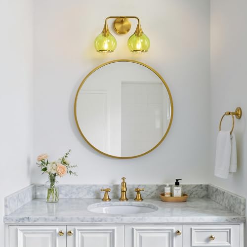 Image of Brushed Gold Bathroom Vanity Light 2-Lights Bathroom Light Fixtures Over Mirror with Green Clear Glass Shade 14 inch Wall Sconce Lighting Bath(Exclude E26 Bulb)